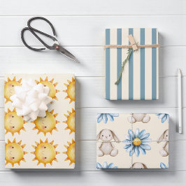 Cute Sun Bunny Flower Pattern Gift Wrap ラッピングペーパーシート