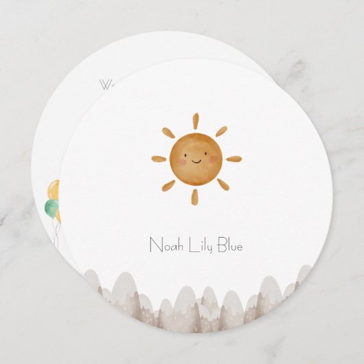 Cute Sun Mountains Baby Announcement Card 招待状 (正面/裏面)