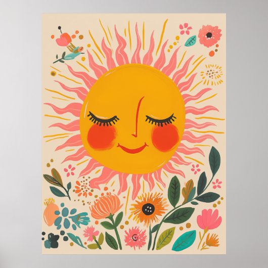 Cute Sun Sunny Day Boho Floral Illustration ポスター (正面)