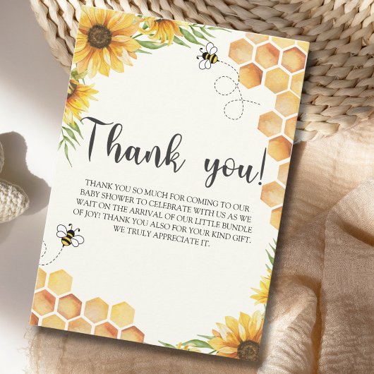 Cute Sunflower Bee Baby Shower サンキューカード