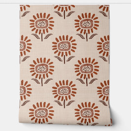 Cute Sunflower Block Print in Terracotta & Beige 壁紙