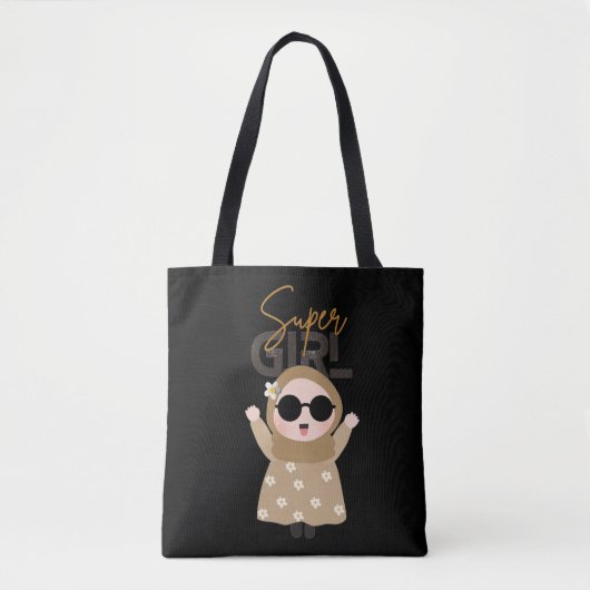 Cute "Super Girl" Illustration Tote Unique Islamic トートバッグ (正面)