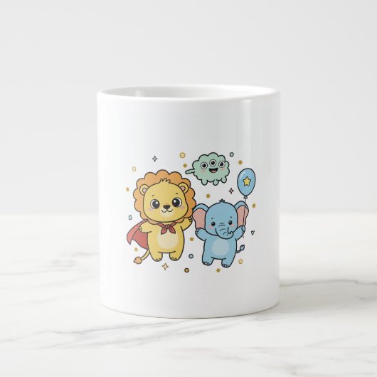Cute Superhero Lion and Elephant Friends Cartoon ジャンボコーヒーマグカップ (正面)