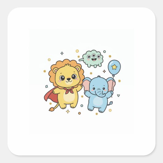 Cute Superhero Lion and Elephant Friends Cartoon スクエアシール (正面)