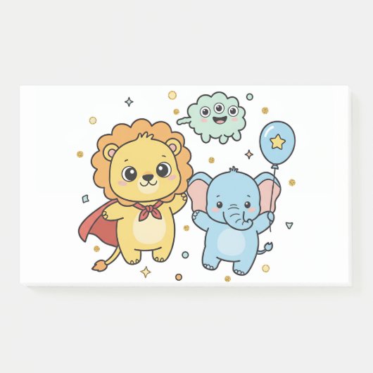 Cute Superhero Lion and Elephant Friends Cartoon ポストイット (正面)