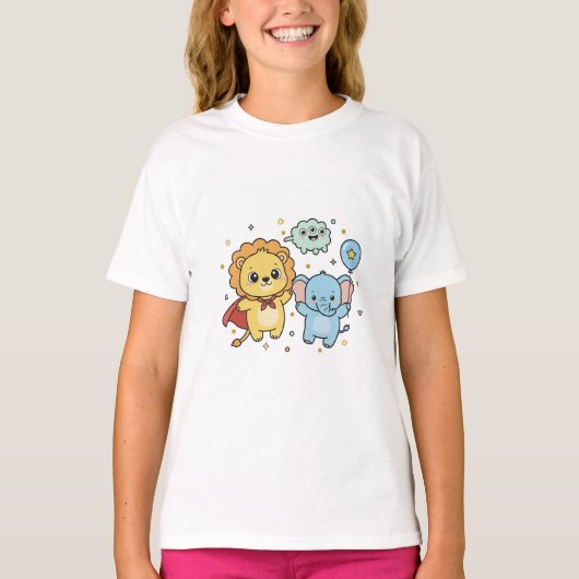 Cute Superhero Lion and Elephant Friends Cartoon Tシャツ (正面)