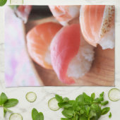 Cute Sushi Bites on Wooden Plate キッチンタオル (折り畳み)