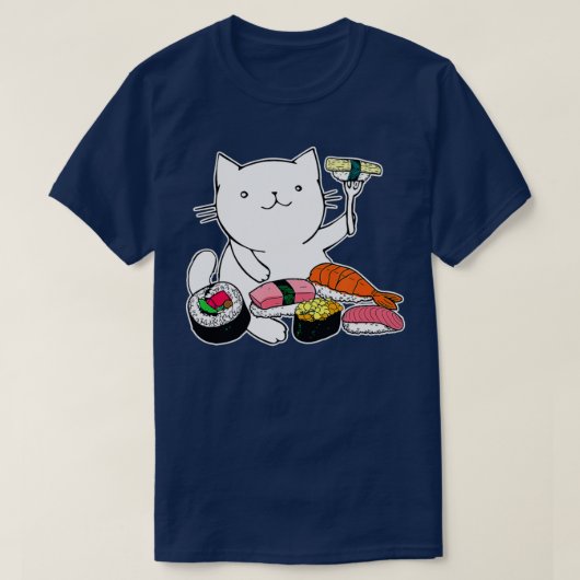 Cute Sushi Eating Cat Funny Animal Pet Japan Food  Tシャツ (デザイン正面)