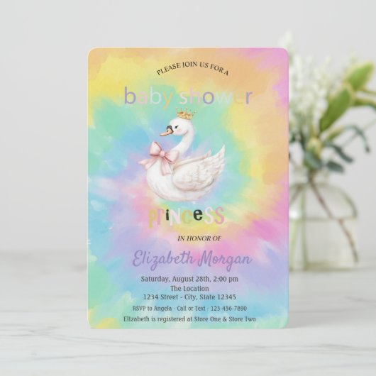 Cute Swan Crown Bow Tie Dye Baby Shower  招待状 (スタンド正面)