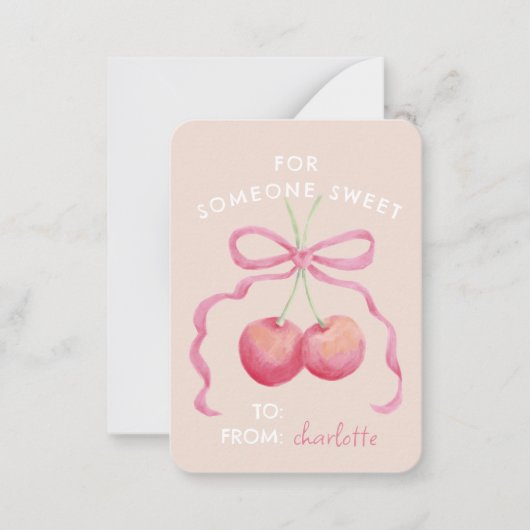 Cute, sweet cherries and bow classroom Valentine ノートカード (正面)