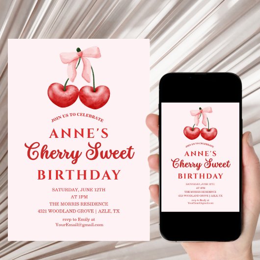 cute Sweet Cherry Birthday Invitation Girl 招待状