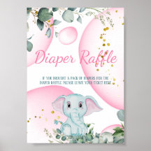Cute Sweet Elephant Eucalyptus Pink Diaper Raffle 