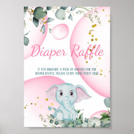 Cute Sweet Elephant Eucalyptus Pink Diaper Raffle  ポスター