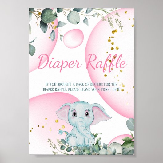 Cute Sweet Elephant Eucalyptus Pink Diaper Raffle  ポスター (正面)