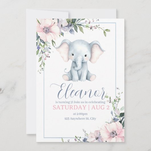 Cute Sweet Elephant Floral Birthday Invitation 招待状 (正面)