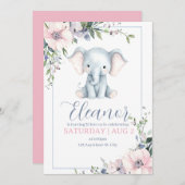 Cute Sweet Elephant Floral Birthday Invitation 招待状 (正面/裏面)