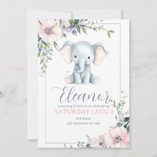 Cute Sweet Elephant Floral Birthday Invitation 招待状