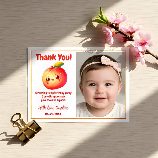Cute Sweet Peach First Birthday Thank You サンキューカード