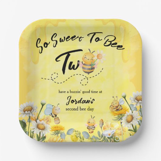 Cute Sweet To Bee Two Wildflower 1st birthday ペーパープレート (正面)