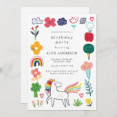 Cute Sweet Unicorn Kids Birthday Party 招待状 (正面/裏面)