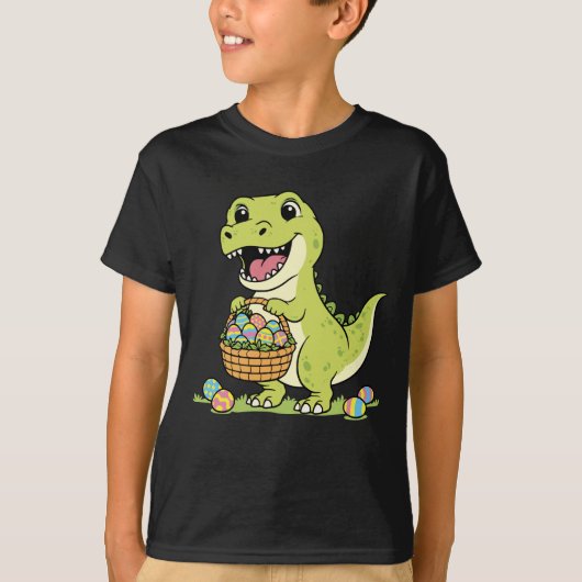Cute T-Rex Dinosaur Easter Egg Basket Kids T-Shirt Tシャツ (正面)