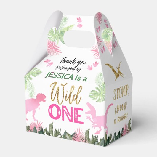 Cute T Rex Dinosaur Girl 1st Birthday Party フェイバーボックス (正面サイド)