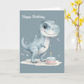 Cute T-Rex Dinosaur with Cake - Kids Birthday  カード (黄色い花)