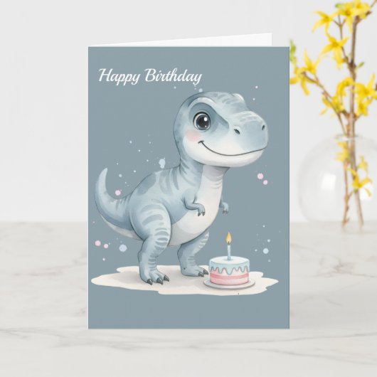 Cute T-Rex Dinosaur with Cake - Kids Birthday  カード (黄色い花)