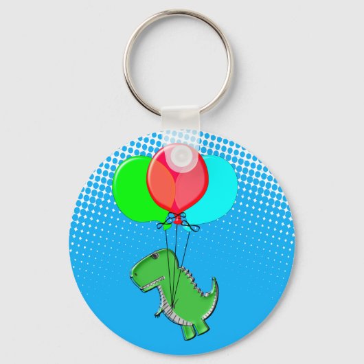 Cute T-Rex Flying With Balloons In Blue Sky キーホルダー (正面)
