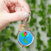 Cute T-Rex Flying With Balloons In Blue Sky キーホルダー (手)