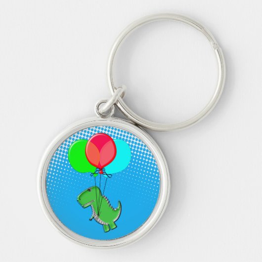 Cute T-Rex Flying With Balloons In Blue Sky キーホルダー (正面)