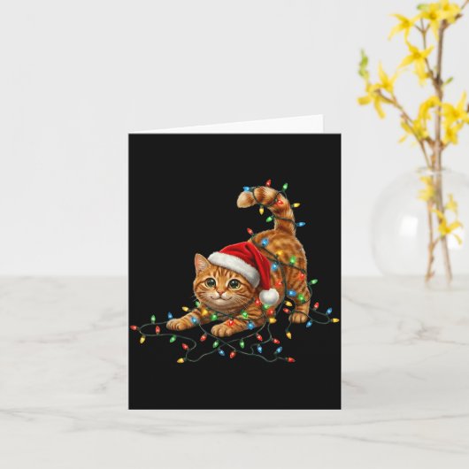 Cute Tabby Cat Christmas Funny Lights Xmas Cat In カード (黄色い花)