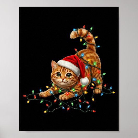 Cute Tabby Cat Christmas Funny Lights Xmas Cat In  ポスター (正面)