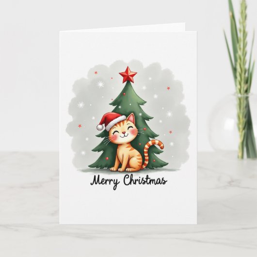 Cute Tabby cat in Santa Hat Christmas Card カード (正面)