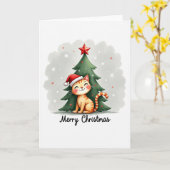 Cute Tabby cat in Santa Hat Christmas Card カード (黄色い花)