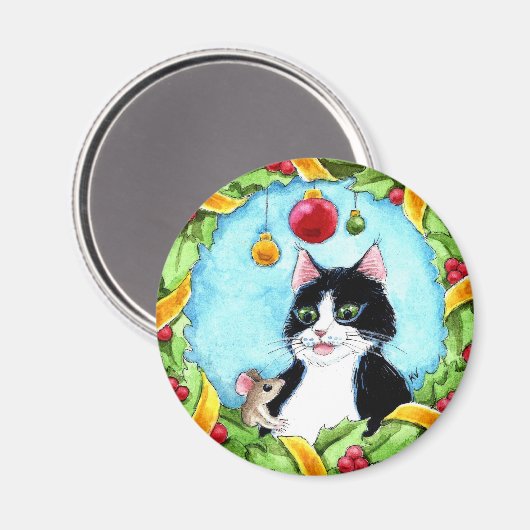 Cute tabby cat, mouse, Christmas winter snow マグネット (正面/裏面)