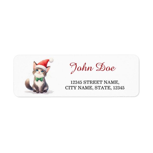 Cute Tabby Cat Santa Hat Christmas Return Address  ラベル (正面)