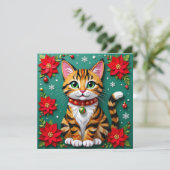 Cute Tabby Cat with Poinsettias Custom Christmas シーズンカード (スタンド正面)
