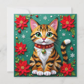 Cute Tabby Cat with Poinsettias Custom Christmas シーズンカード (正面)