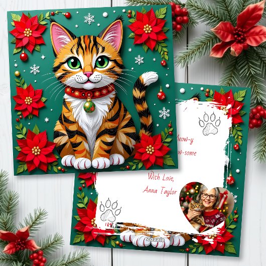 Cute Tabby Cat with Poinsettias Custom Christmas シーズンカード