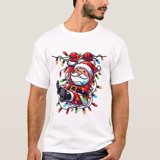 Cute Tangled Santa in Christmas Lights Tシャツ (正面)