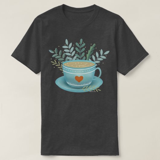 Cute tea art teacup with tea heart and leaves tシャツ (デザイン正面)