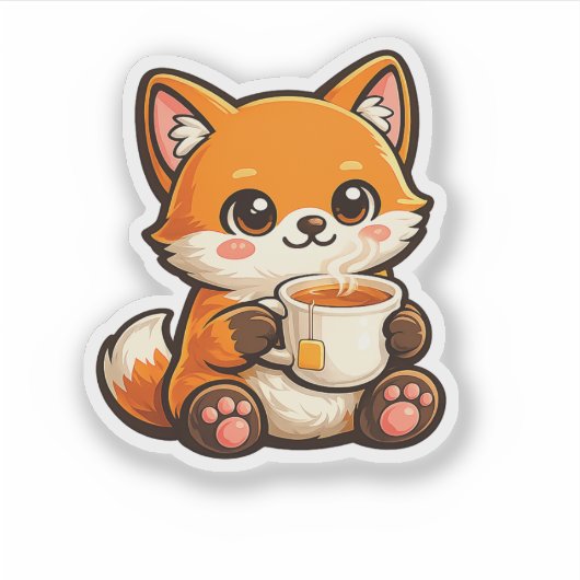 Cute Tea Fox Illustration – Cozy Fox Drinking Tea シール (正面)