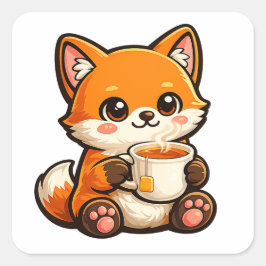 Cute Tea Fox Illustration – Cozy Fox Drinking Tea スクエアシール
