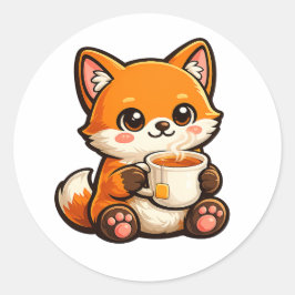 Cute Tea Fox Illustration – Cozy Fox Drinking Tea ラウンドシール