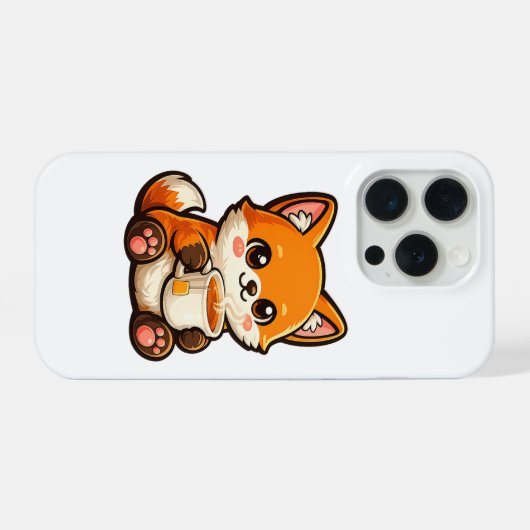 Cute Tea Fox Illustration – Cozy Fox Drinking Tea iPhoneケース (裏面横)
