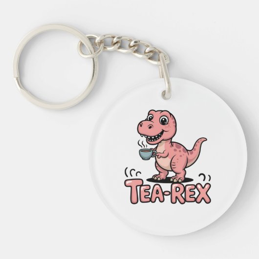 Cute Tea-Rex Pink Dinosaur – Sip Happens! キーホルダー (正面)