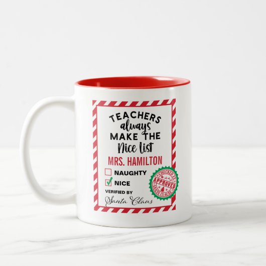 Cute Teacher Christmas Gift Nice List Mug ツートーンマグカップ (左)