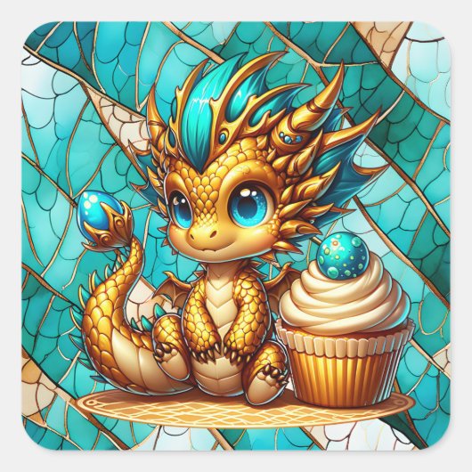 Cute Teal and Gold Dragon Boy's Birthday Party スクエアシール (正面)