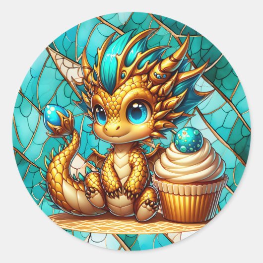 Cute Teal and Gold Dragon Boy's Birthday Party ラウンドシール (正面)